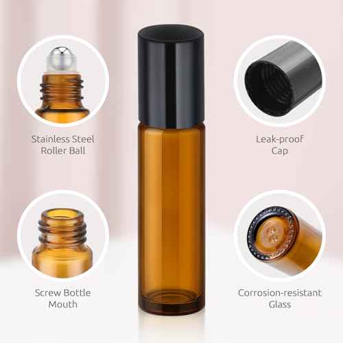 10ml Roller Bottles for Essential Oils(4-Pack), Leak-Proof Amber Glass Roller Ball Applicator, Opener, Droppers, Funnel & Labels, Roll on Bottles for Perfume & DIY Skincare