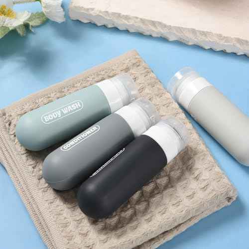 Silicone Travel Bottles for Toiletries with Labels, 3oz TSA Approved Squeezable Travel Size Containers, Leak Proof Travel Shampoo and Conditioner Bottles with Toiletry Bag (4 Pack, Dark Color)