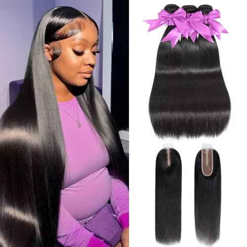 2x6 HD Lace Closure with Bundles 12 14 16+10 Inch Straight Human Hair 100% Unprocessed Brazilian Virgin Weave Human Hair 3 Bundles Deals with Closure
