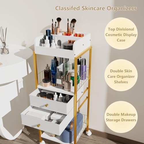 Lurcns Gold Makeup Organizer Cart with Drawers & Wheels - Vanity Storage Solution