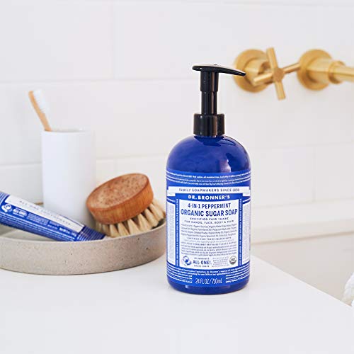 Dr. Bronner's - Organic Sugar Soap (Peppermint, 24 Ounce) - Made with Organic Oils, Sugar & Shikakai Powder, 4-in-1 Uses: Hands, Body, Face & Hair, Cleanses, Moisturizes & Nourishes, Vegan