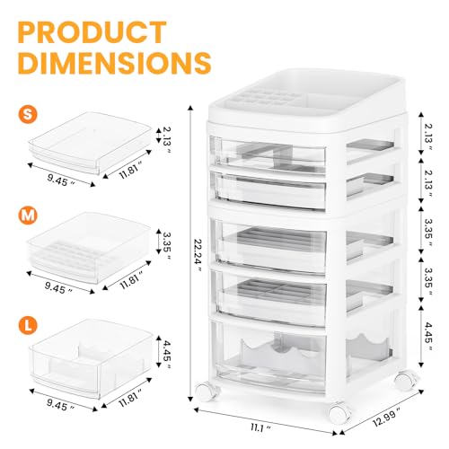 Clear Rolling Cart with 5 Drawers - Dust-Proof Storage for Makeup & Crafts