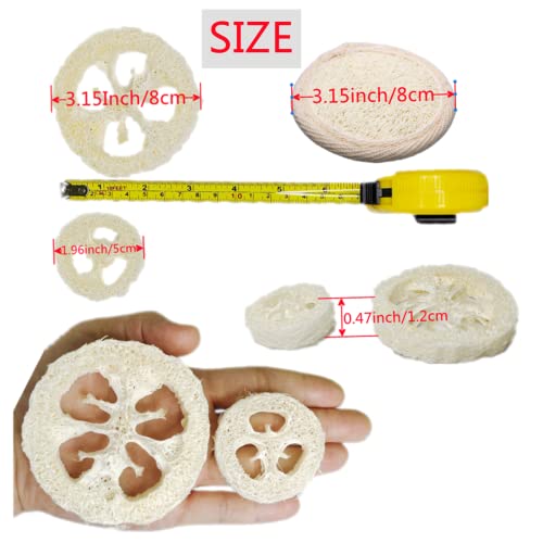 50Pcs Natural Loofah Cuts Slice of 3.15inch, Reusable Cleaner Sponge Scrubber, Facial Soap Holder and DIY Customize Soap Tools, with 3Pcs Exfoliating Loofah Pad and 1 Storage Bag