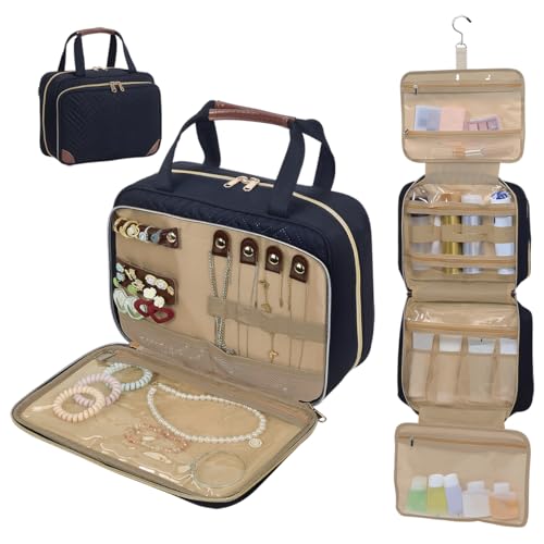 Toiletry Bag for Women, Hanging Travel Toiletry Bag with Jewelry Organizer Compartment Large Makeup Bag, Cosmetic for Travel Business Trips Camping Bathroom Black