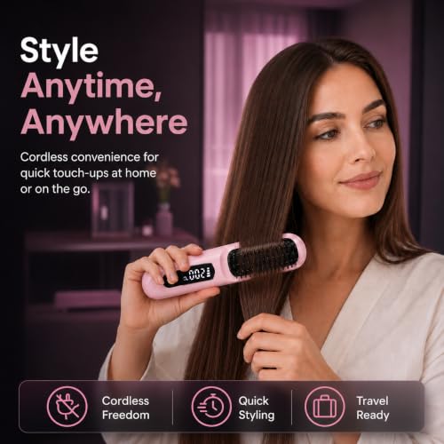 Cordless Hair Straightening Brush - Portable Heated Comb, 3 Temperature Settings, USB-C
