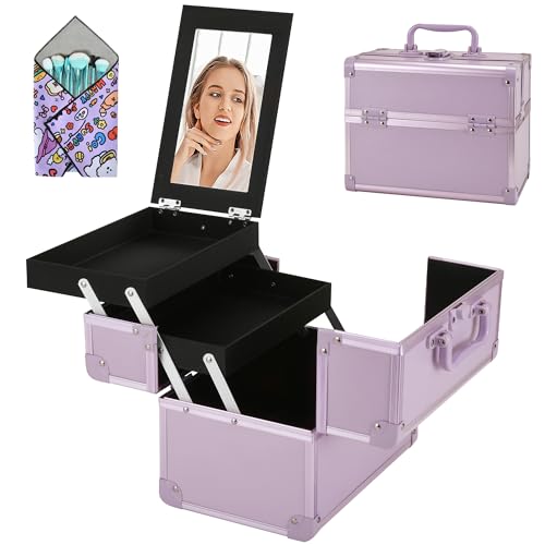 Makeup Train Case with Mirror - 2-Tray Purple Cosmetic Organizer