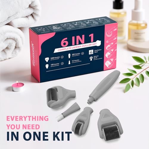 6-in-1 Titanium Derma Roller for Face and Body ? Kit with Micro-Needles (0.25mm) and (0.3mm) ? 300, 720, and 1200 Needles for Men and Women