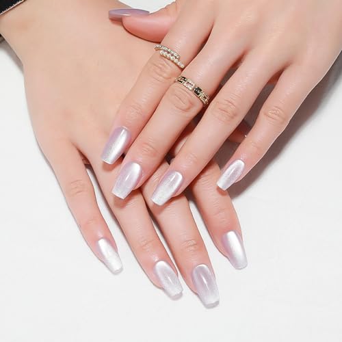 Light Purple Press on Nails Handmade Fake Nails Summer Press on Nails Medium Coffin False Nails with Cat Eye & Velvet Design Acrylic Nails Glitter Press on Nails Stick on Nails for Women Girls