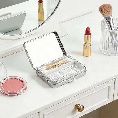 Portable Travel Cotton Swab & Dental Floss Case with Mirror, 2-Pack