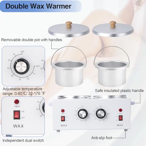 Double Wax Warmer Double Wax Pot Professional for Hair Removal, Electric Wax Heater Machine Dual Wax Pot Warmer Professional With Adjustable Temperature for Facial,Skin,Body,Spa, and Salon