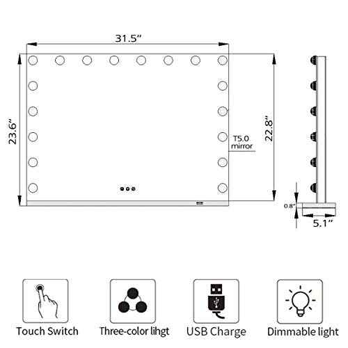Hollywood Makeup Vanity Mirror with Lights 32 x 24 Inch 18 Pcs LED Extra Large Hollywood Vanity Lighted Makeup Mirrors X10 Magnifier USB 3 Color Makeup Desk Tabletop Vanity Make up Mirrors