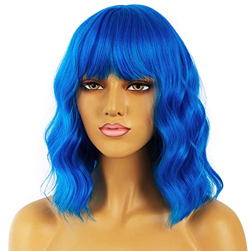 LANCAINI Short Bob Wavy Wig with Bangs for Women Loose Curly Shoulder Length Synthetic Cosplay Wig Bob for Girl Colorful Costume Wigs (Blue)