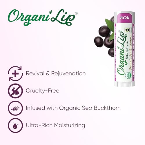 OrganiLip Organic Lip Balm, Acai Flavor, Ultra Hydrating Lip Moisturizer for Cracked or Dry Lips, Oval Shaped Tube, USDA Certified Organic, 3 Pack