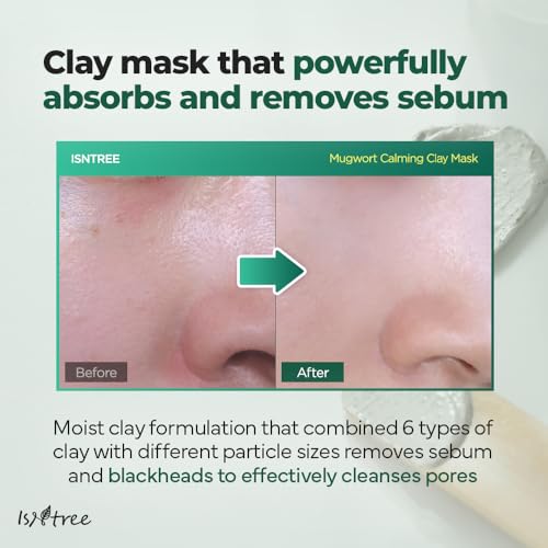 IsNtree Mugwort Calming Clay Mask 100ml, 3.38 fl.oz | Korean Skincare | Deep Pore Cleansing & Sebum Control | Soothing Wash-Off Mask for Sensitive Skin | Exfoliates & Refines Texture
