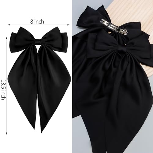 Velscrun 3Pcs Hair Bows for Women Black Hair Bow Big Hair Bows Clips for Girls Silky Satin Large Hair Ribbons Oversized Long Tail Hair Bows Hair Barrettes Hair Accessories Christmas Gifts