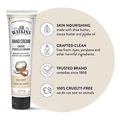 J.R. Watkins Natural Moisturizing Hand Cream, Hydrating Hand Moisturizer with Shea Butter, Cocoa Butter, and Avocado Oil, Cruelty Free, 3.3oz, Coconut, 3 Pack