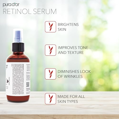 PURA D'OR Retinol Serum Nighttime Facial Skincare ? 3.3 oz Overnight Treatment Featuring Aloe Vera Botanical Extracts, Lightweight Fast-Absorbing Hydration for Smoother-Looking Texture, Tone, Radiance