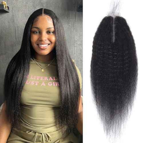 Kinky Straight Closure 2x6 HD Lace Yaki Straight Lace Closure Transparent 100% Real Human Hair Middle Part Long Parting Natural Black 1B Color 16 Inch