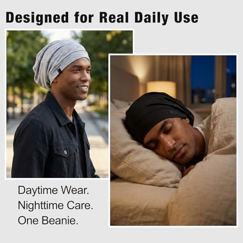 Srevela Black/Gray 2-Pack Satin Sleep Bonnet for Men & Women, Adjustable & Breathable Night Cap