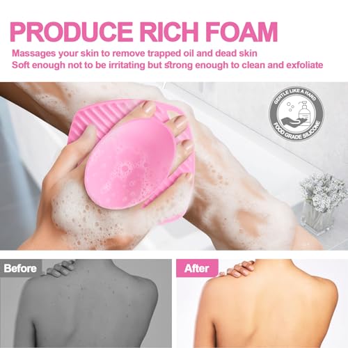 Silicone Body Scrubber, Gentle Texture Exfoliating Body Scrubber for Men and Women On Sensitive Skin, Soft Scrubber Produces Rich Form and Builds Up Lather, Getting a Deep Skin Clean (Pink)