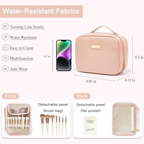 Travel Makeup Bag Large Capacity Transparent Double Sided Cosmetic Bags with Makeup Brush Compartment- PU Waterproof Leather Makeup Toiletry Organizer Bag for Women,Pink