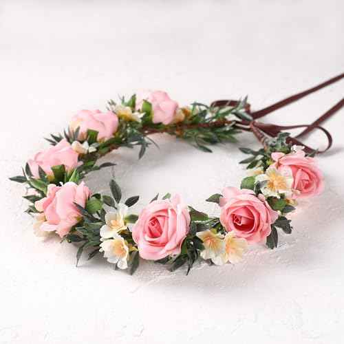 Pink Flower Crown Headband - Rose Floral Headpiece Adjustable Fairy Flower Crown for Women Girls Renaissance Birthday Wedding Party Photo Props