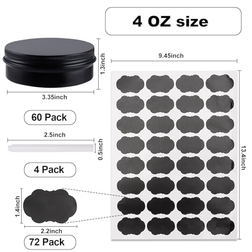 60 Pack Round Cans with Screw Lid 4 Oz Aluminum Metal Tins DIY Food Candle Containers for Lotion Bars, Balms, Salve, Spices, Beard Balm, Crafts with 4 Markers 2 Sheets Label Stickers