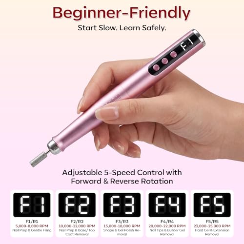 Cordless Nail Drill for Beginners - 25000RPM E-File Kit, Pink
