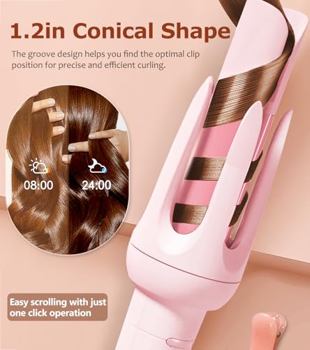 Automatic Hair Curler, 1.2 Inch Rotating Curling Wand Iron - Pink