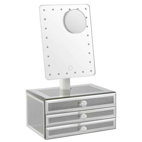 Star Vision 2-in-1 Lighted Makeup Mirror with Glass Jewelry Organizer, Dimmable 6,000K Cool White Light, 3-Layer Drawers, Luxury Crystal Diamond Effect Surface, Includes a 10X Magnification Mirror