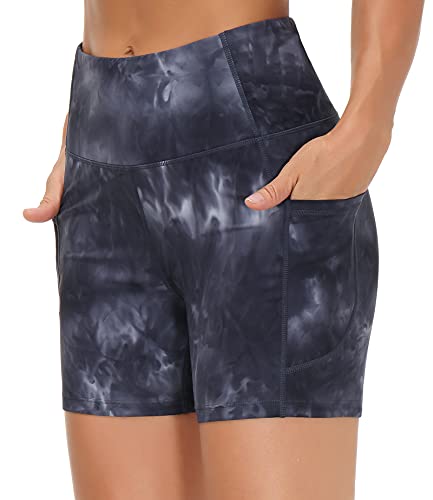 THE GYM PEOPLE High Waist Yoga Shorts for Women Tummy Control Fitness Athletic Workout Running Shorts with Deep Pockets (Small, Tie Dye Black Grey)