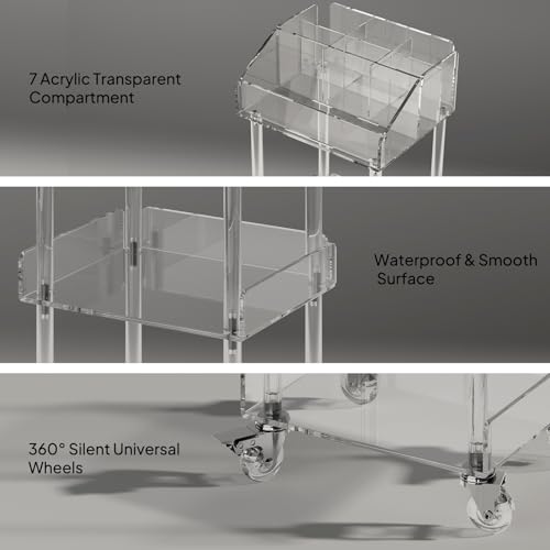 Aquiver 3-Tier Acrylic Makeup Organizer Cart - Rolling Vanity Storage