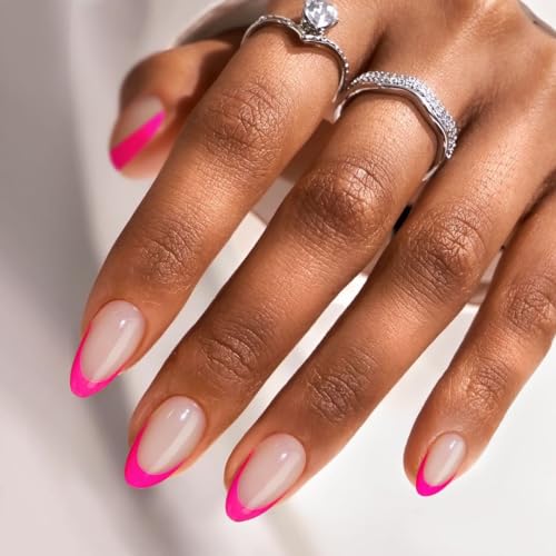 BTArtbox French Tip Press On Nails - Almond Stick On Nails for Women, Glue On Nails with Nail Glue - Berry French & Mermaid