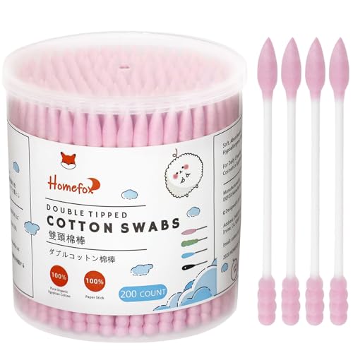 HOMEFOX Organic Cotton Swabs - 200 Count Spiral Pointed Tips