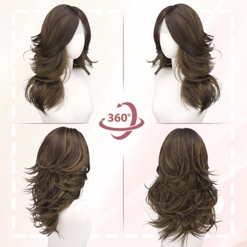 Haloo Brown Layered Wigs with Curtain Bangs & Highlights - 20 Inch Synthetic Hair for Women