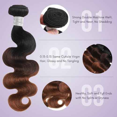Chestnut Brown Ombre Human Hair Bundles Body Wave, 12A Thick Track 3 Tone Ombre Medium Auburn Colored 3 Bundles 100% Virgin Brazilian Weaves T1B/2/30 Dark Roots Wavy Sew In Extensions 16 18 20In
