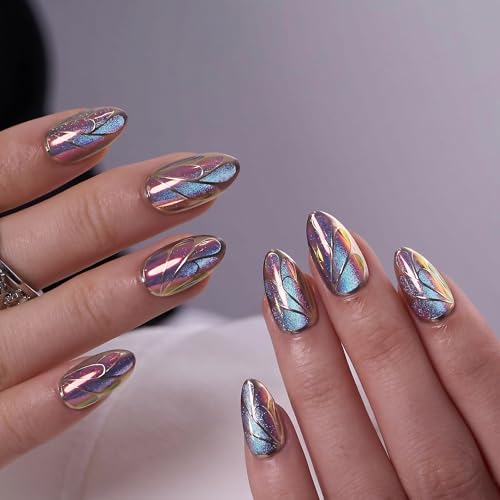 CurvLife Medium Almond Cat Eye Press On Nails, Aurora Wings Blue,