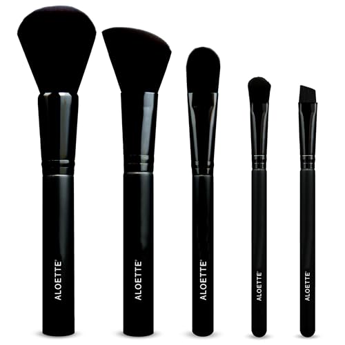 Aloette Professional 5-Piece Makeup Brush Set - Collection Includes Powder Brush, Blush Brush, Liquid Foundation Brush & 2 Eyeliner Brushes - Cruelty Free Synthetic Makeup Brushes for Face