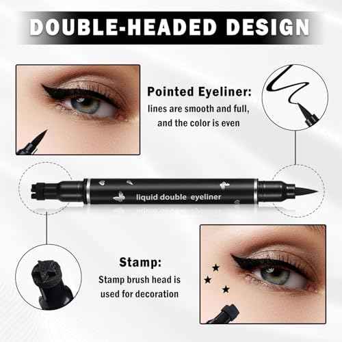 Double-headed Eyeliner Stamp Pencil Black Liquid Winged Eyeliner Stamp Pen Waterproof Smudgeproof Eye Liner Stamp for Eye Makeup(04 Star)
