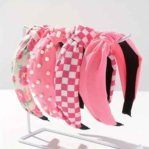 Huachi Hot Pink Headbands for Women Girls, 4 Packs Cute Flower Printed Knotted Head Bands for Women¡¯ s Hair, Non Slip Fashion Wide Top Knot Womens Hairbands, Girls Pink Trendy Stuff Hair Accessories