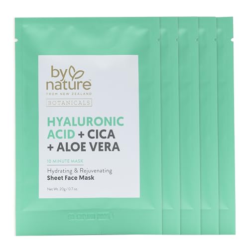 By Nature Face Mask with Hyaluronic Acid, Cica, and Aloe Vera - 5 Sheet Masks - Hydrating and Rejuvenating Skincare Set