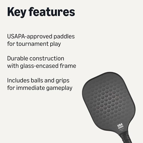 Amazon Basics Black Pickleball Paddle Set with 4 Balls & Carry Bag - USAPA Approved, Lightweight Carbon Fiber Rackets