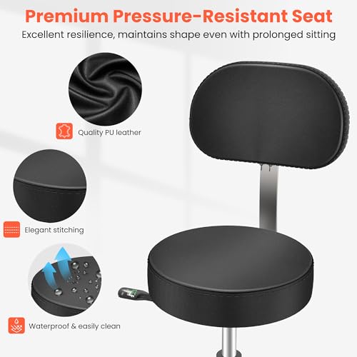 TASALON Professional Salon Rolling Stool Chair,Salon Equipment PU Leather Seat with Backrest,Height Adjustable, Swivel Metal Feet,Spa Tattoo Massage Home Office Swivel Stool Chair Black