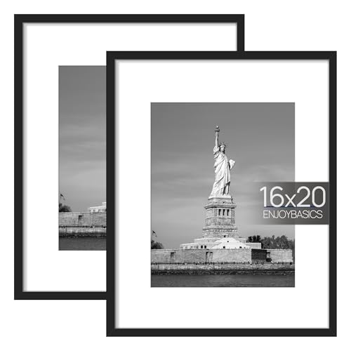 ENJOYBASICS 16x20 Picture Frame, Display Poster 11x14 with Mat or 16 x 20 Without Mat, Wall Gallery Photo Frames, Black, 2 Pack