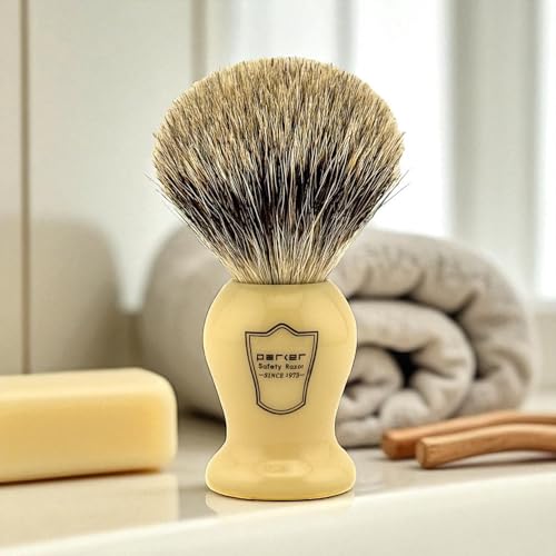 Parker 3-Band Pure Badger Bristle Shaving Brush ? Faux Ivory Handle, Classic Wet Shave Brush for Lathering Shaving Soaps & Creams with Bladed Razors