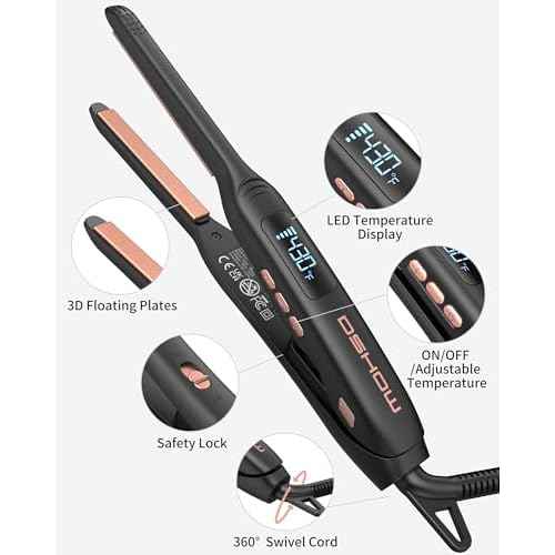 Small Flat Irons for Short Hair, 3/10'' Pencil Flat Iron, Pixie Cut and Bangs, Mini Hair Straightener with LED Display, Tiny Hair Straightener with Temperature Adjustable, Auto Shut Off