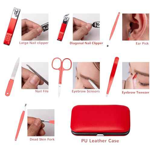 Stocking Stuffers for Men Women Manicure Set Nail Clipper Set Stainless Steel Toe Finger Nail Clippers Kit Personal Care Tools with Portable Travel Case Manicure Tools Grooming Kit for Women Men(Red)