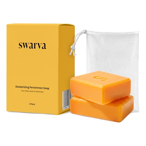 Swarva Japanese Persimmon Soap for Old People Smell 4.5oz Pack of 2 - Natural Odor Removal for Sensitive Skin with Mesh Bag