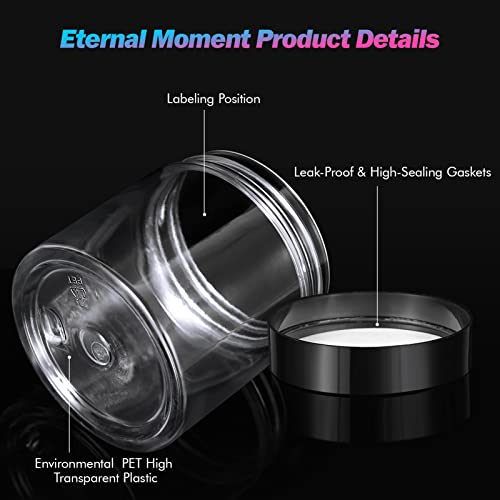 50 Pack 4 OZ Plastic Jars Round Clear Cosmetic Container with Black Lids, Eternal Moment Slime Jars for Lotion, Cream, Ointments, Makeup, Eye shadow, Rhinestone, Samples, Pot, Travel Storage