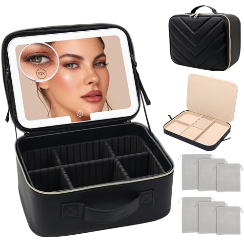 Travel Makeup Bag with LED Mirror & 10X Magnifying - Large Cosmetic Organizer